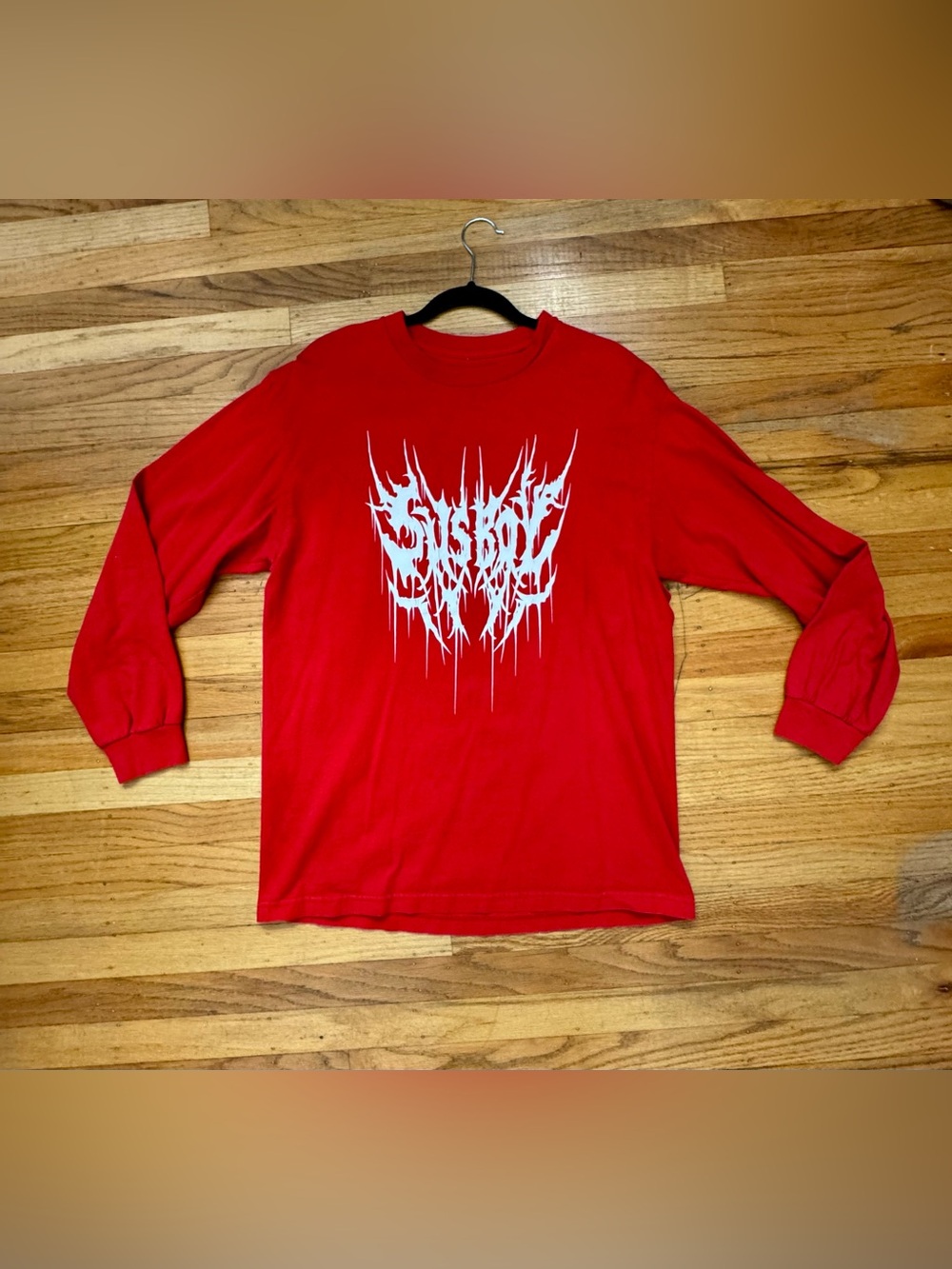 Sus Boy "No Future" Red Long Sleeve Graphic Tee stain on arm